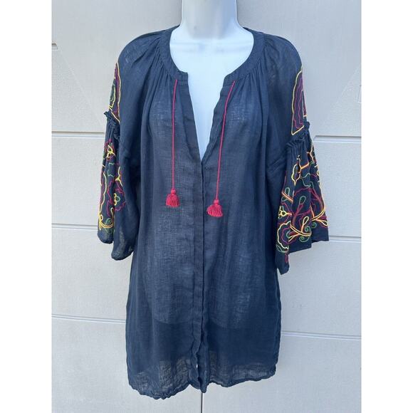 Eleven By March 11 Navy 100% Linen Embroidered Floral Tassel Mini Dress Size M - Picture 9 of 12